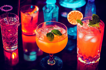 The cocktails on the bar counter, 3D rendering.