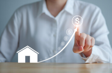 Real estate, Property investment, refinance, loan, tax, mortgage. House and dollar coin icon with...