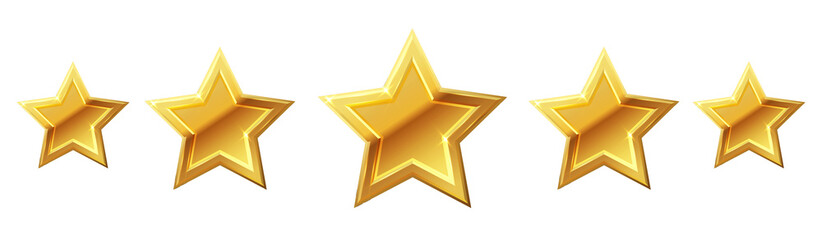 Five stars icon. Stars rating review icon.Vector stars set of realistic metallic golden stars isolated on white background. Symbol wye of leadership. Vector illustration