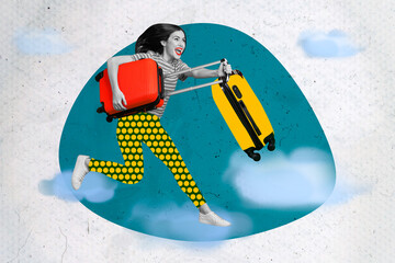 Creative collage image of positive happy funny pretty girl flying jumping run fast hold suitcases ready vacation low cost tickets abroad
