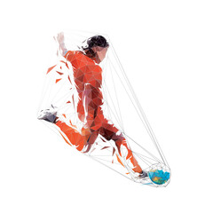 Soccer player kicking ball, low polygonal isolated vector illustration, geometric drawing from triangles. Footballer logo, side view