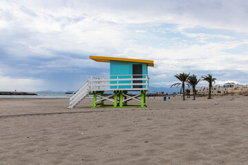 An empty lifeguard booth on the beach at Le Barcares