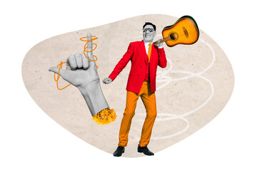 3d retro creative artwork template collage of adult man wear bright costume hold guitar big hand show horn rock sign fan support musician