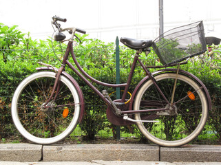 Outdoors antique brown bike on natural garden background.