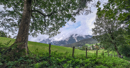 View of Ramsau am Dachstein height, above the town of Schladming in the valley below, Styria, Austria