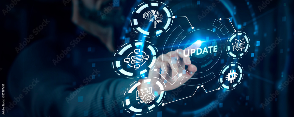 Poster business, technology, internet and network concept. update software computer program upgrade.