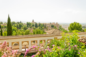 view of the garden of the palace in Alhambra, Granada, Spain