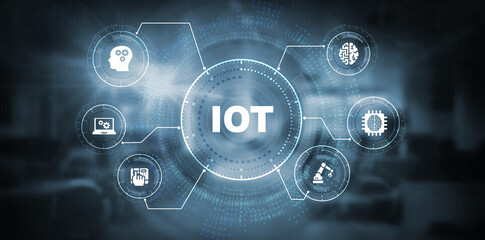 Internet of things - IOT concept. Businessman offer IOT products and solutions. The future of technology. Virtual screen of the future with the inscription: IOT.  3d illustration