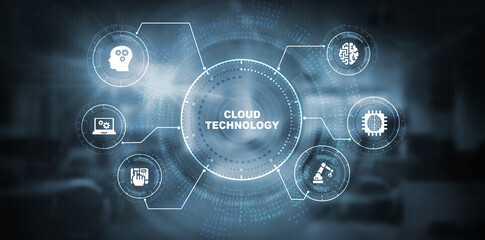 Cloud technology computing concept. Robot pressing button on virtual screen.  3d illustration