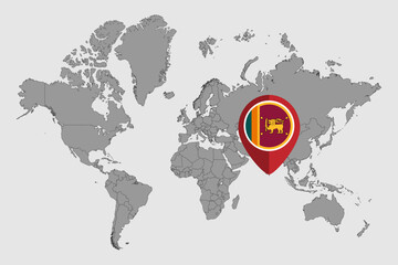 Pin map with Sri Lanka flag on world map. Vector illustration.