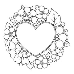 Circular pattern in form of mandala with frame in shape of heart. Decorative ornament in ethnic oriental mehndi style. Outline doodle hand draw vector illustration. Antistress coloring book page.