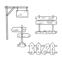 Monochrome set of icons, vintage wooden objects, a sign on a high pole, a broken fence and a pointer, vector cartoon
