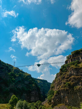 Dashbashi, Georgia - Diamond cafe on glass bridge over scenic valley in Georgia countryside. Famous modern bridge over the valley
