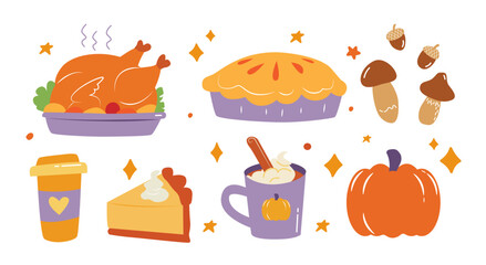 Colorful thanksgiving design elements isolated on white background with holiday traditional symbols.