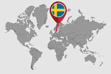 Pin map with Sweden flag on world map. Vector illustration.