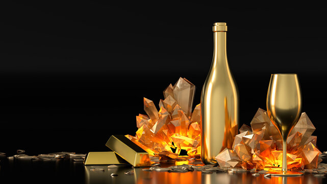 gold champagne bottle with pile of gold bars and crystals - luxury 3d render for new year christmas and anniversaries. high class wealthy beverage bottle