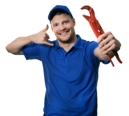 handyman plumber with wrench showing phone call gesture on transparent background