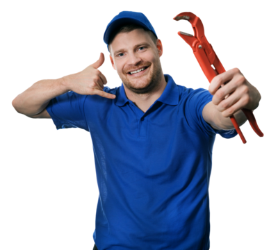 handyman plumber with wrench showing phone call gesture on transparent background