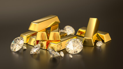 pile of shiny gold bars and luxury diamonds - 3d render of precious metals for rich and wealthy people in dark studio background - obrazy, fototapety, plakaty