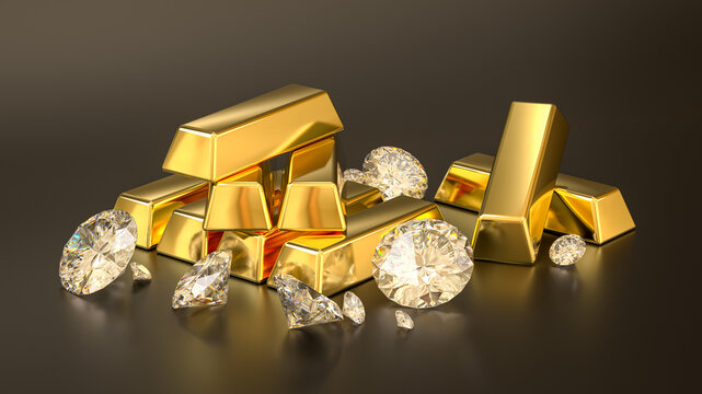 pile of shiny gold bars and luxury diamonds - 3d render of precious metals for rich and wealthy people in dark studio background