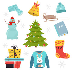 Vector set of holiday icons gift, socks, bell, sledge, book, hat, scarf, tree,, Christmas decorations, calendar. for Christmas time. Scrapbook collection. greeting card. Happy New Year.