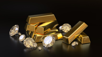 pile of shiny gold bars and luxury diamonds - 3d render of precious metals for rich and wealthy people in dark studio background