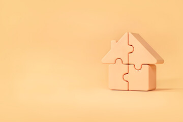 3D model of the house from four puzzle pieces. The elements are connected into a small figure of the building. Real estate, mortgage and construction background idea. Cartoon modern style.