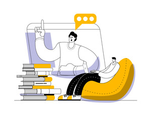 A man is sitting in a bag chair with a laptop among textbooks listening to a lecture on his computer screen. Vector illustration on the topic of online education.
