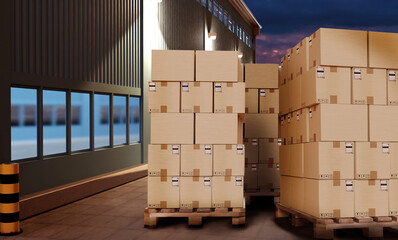 Cardboard boxes are on wooden pallets. Shipment from the warehouse of cardboard boxes. 3D image