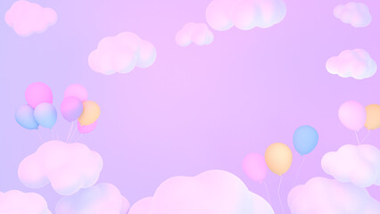 3d rendered pastel clouds and balloons in the purple sky.