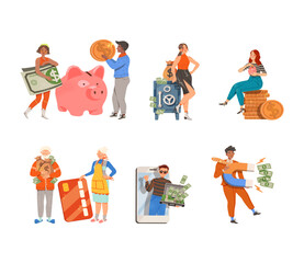 People Character with Money Coins and Dollar Banknotes as Financial Success Gaining Vector Illustration Set