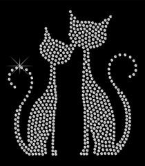 Cats of diamonds. Pattern embroidery of diamond cat. Shiny, silver and black print with diamonds, embroidery and jewelry. Isolated fashion abstract background. 