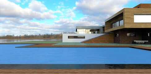 An amazing modern villa with a swimming pool on the shore of a country lake. Cloudy skies and wonderful turquoise water. 3d render.