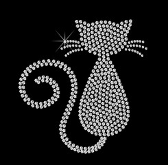 Cat of diamonds. Pattern embroidery of diamond cats. Pattern embroidery of diamond cat. Shiny, silver and black print with diamonds, embroidery and jewelry. Isolated fashion abstract background.