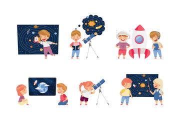 Investigative Little Boy and Girl Studying Space and Galaxy Examining Solar Planets Vector Set