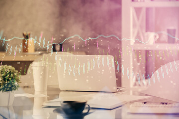 Double exposure of stock market graph drawing and office interior background. Concept of financial analysis.