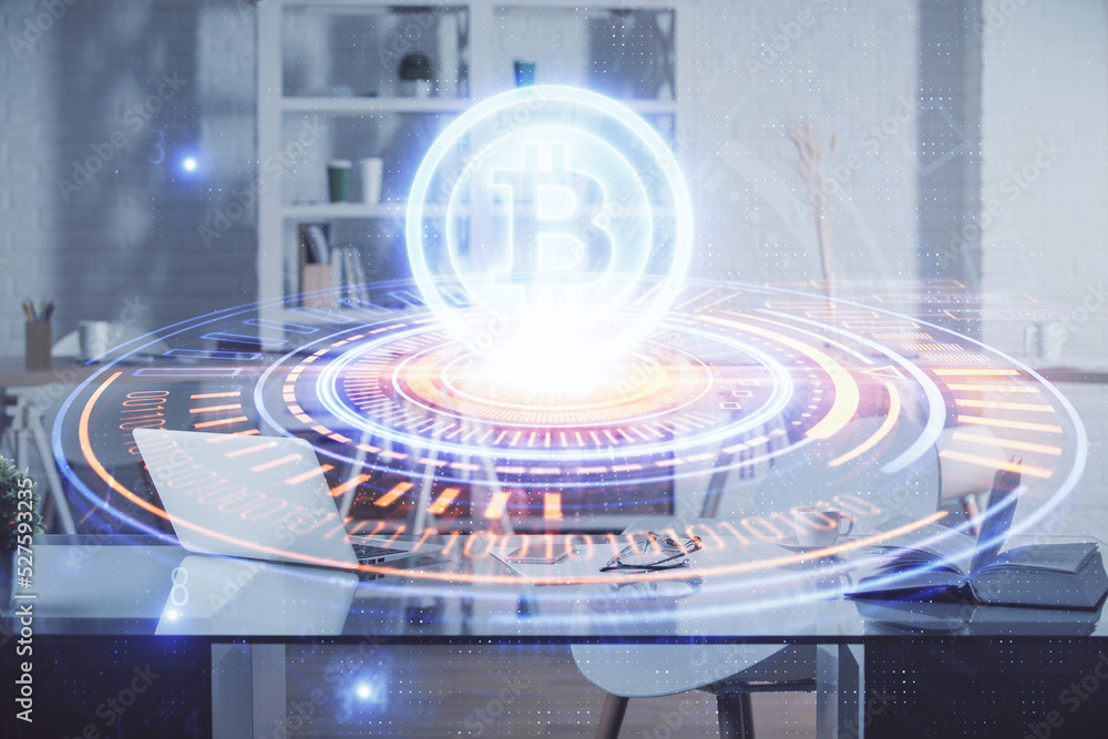 Poster double exposure of crypto technology theme drawing and office interior background. concept of blockc