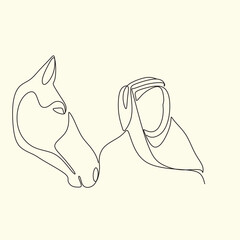 Arab man with araian horses vector line art. Arabian man wit traditional clothes riding his horse line drawing