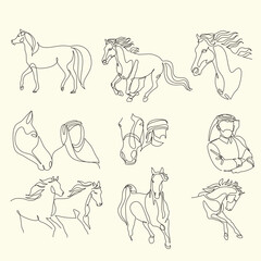 Arab man with araian horses vector line art. Arabian man wit traditional clothes riding his horse line drawing