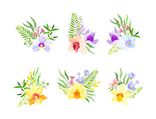 Fototapeta na wymiar Fragrant Orchid Blooms with Labellum Arranged with Floral Branches Vector Set