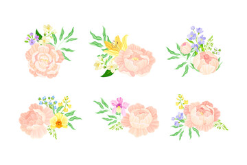 Floral Bouquet of Peonies and Garden Flowers Vector Set