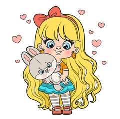 Cute cartoon long haired girl with big bunny in hands color variation for coloring page on a white background