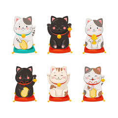 Maneki-neko Cat with Raised Paw as Ceramic Japanese Figurine Bringing Good Luck Vector Set