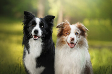 two border collie dogs in morning sunrise green nature park