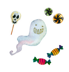 Сute ghost with candies set. Halloween theme. Hand drawn watercolor illustration on white background. For creative design, postcard, invitation, scrapbooking, stickers, t-short print.