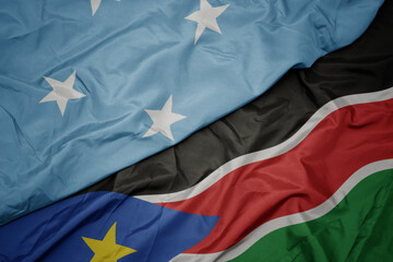 waving colorful flag of south sudan and national flag of Federated States of Micronesia .