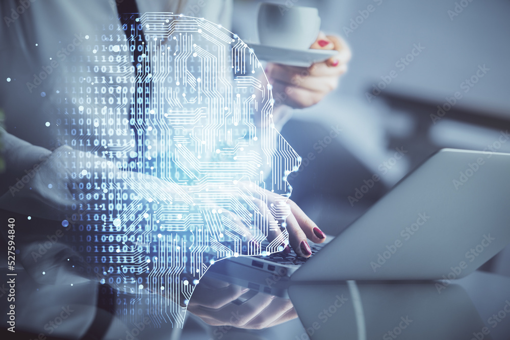 Poster multi exposure of woman hands working on computer and human brain hologram drawing. ai tech concept.