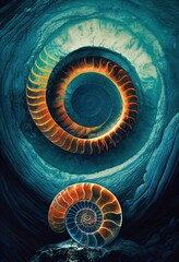 Ocean ammonite surreal shell art - spirals reminiscent of magical sacred portals - intriguing golden ratio swirls and rich deep blue, orange, abalone sea green and red colors perfectly blended.