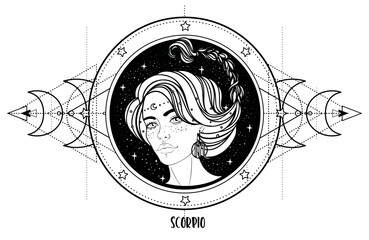 Illustration of Scorpio astrology sign as a beautiful girl over sacred geometry frame. Zodiac vector drawing isolated in black and white. Future telling, horoscope, spirituality. Coloring book.