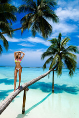 Beautiful tanned woman in colorful bikini is sitting on palm on tropical beach on Maldives island. Sexy female model relaxes on the beach. Maldives landscape. Luxury Travel.  Beach with palms.